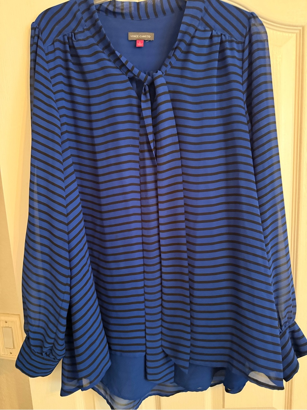 Vince Camuto Navy & Black Striped Tie-Neck Blouse